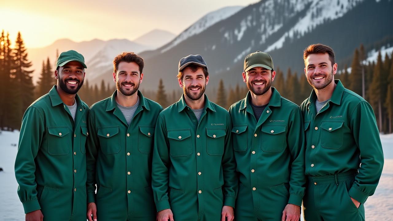 Команда Northridge Auto Care на фоне мастерской